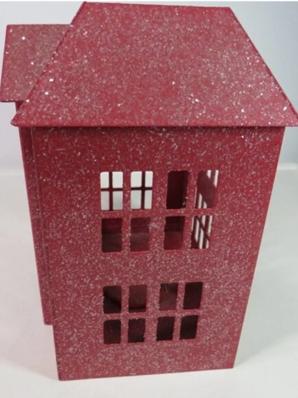 Red Metal House Luminary Glitter Tea Light Candle Holder Removable Roof Wreath